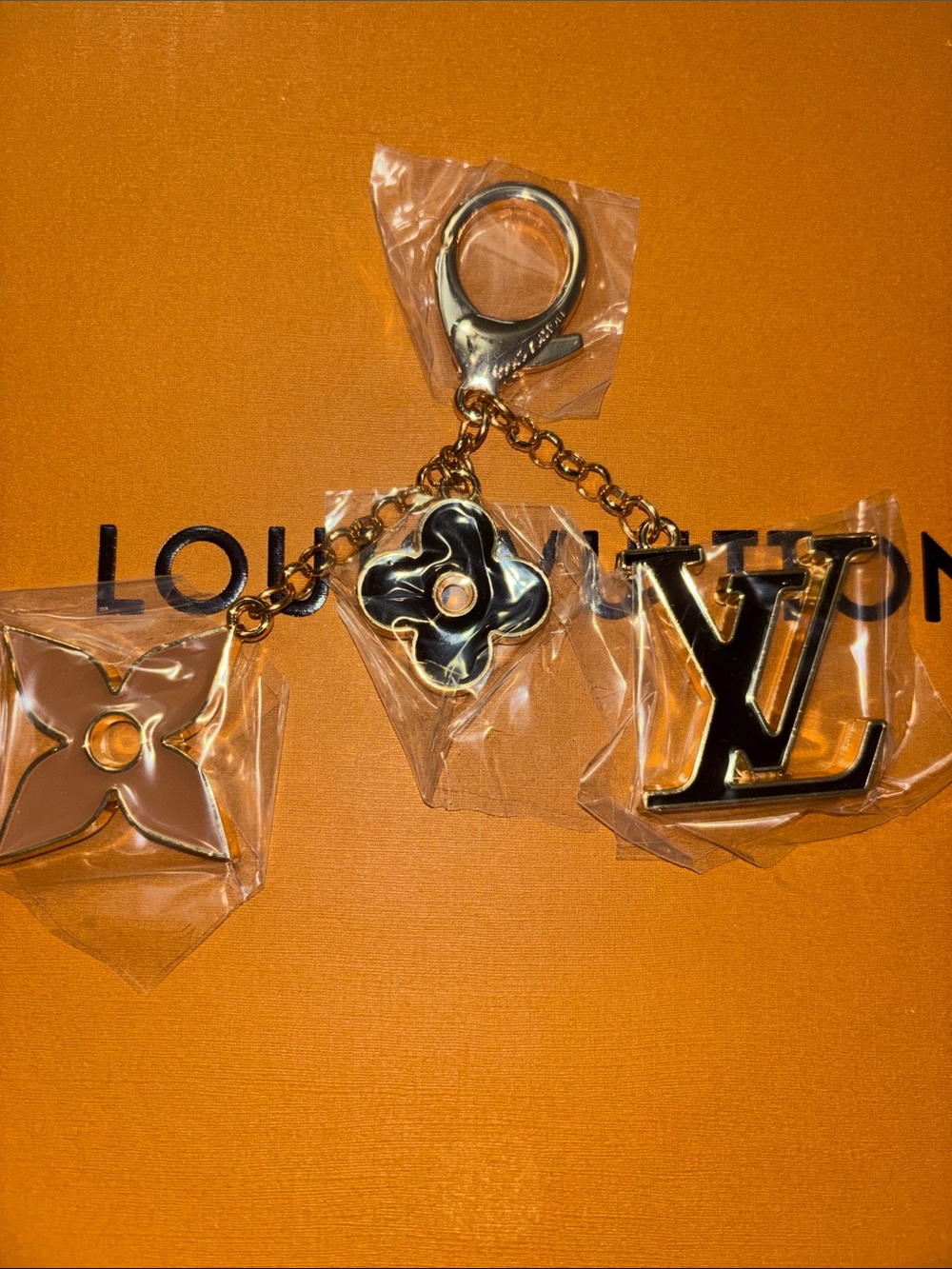 LV Black & Beige Monogram Gold Charm/Keychain